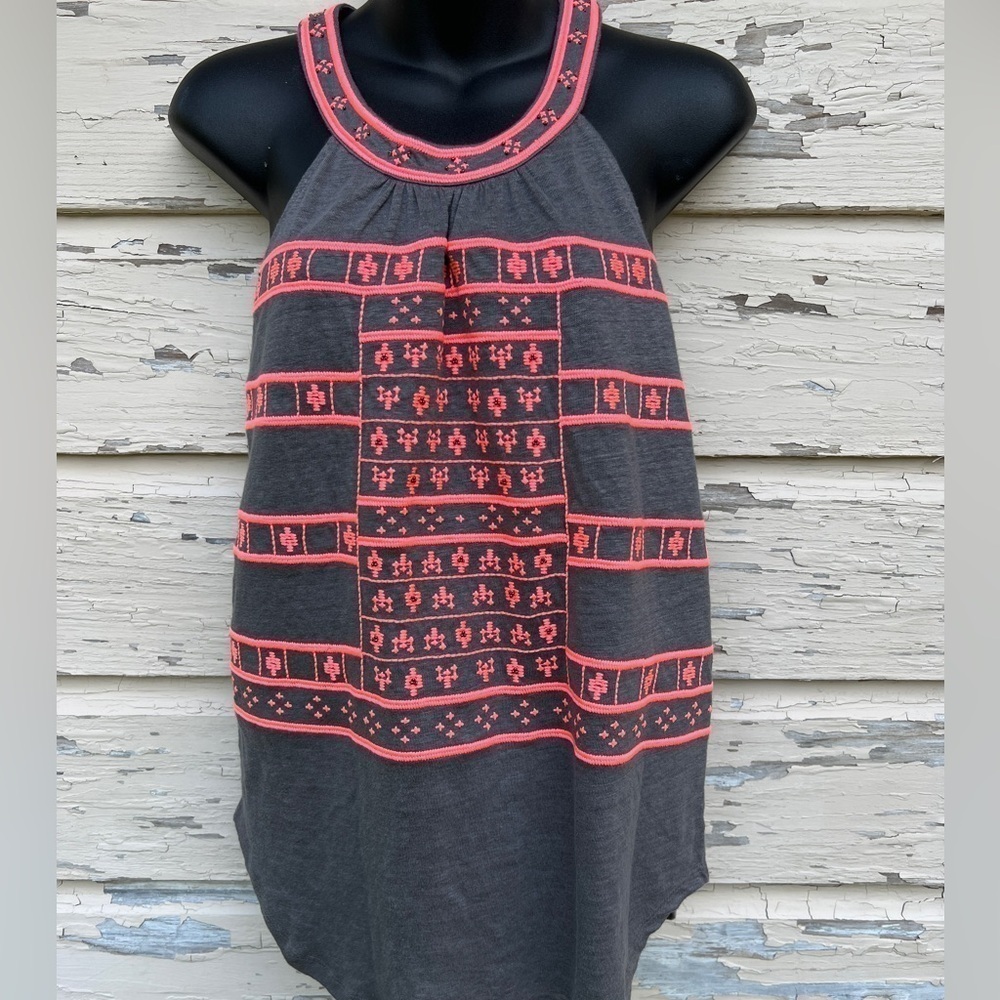Sundance Dark Gray Tank Top with Coral Pink Embroidered Pattern